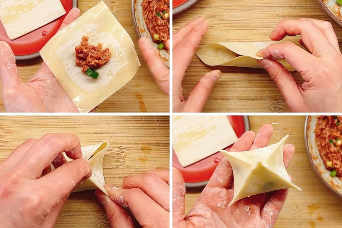 Person demos the best shape of wonton for deep frying.
