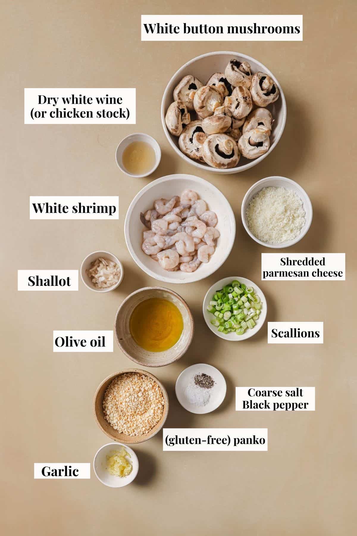 Photo shows ingredients needed to make mushroom stuffed shriimp.