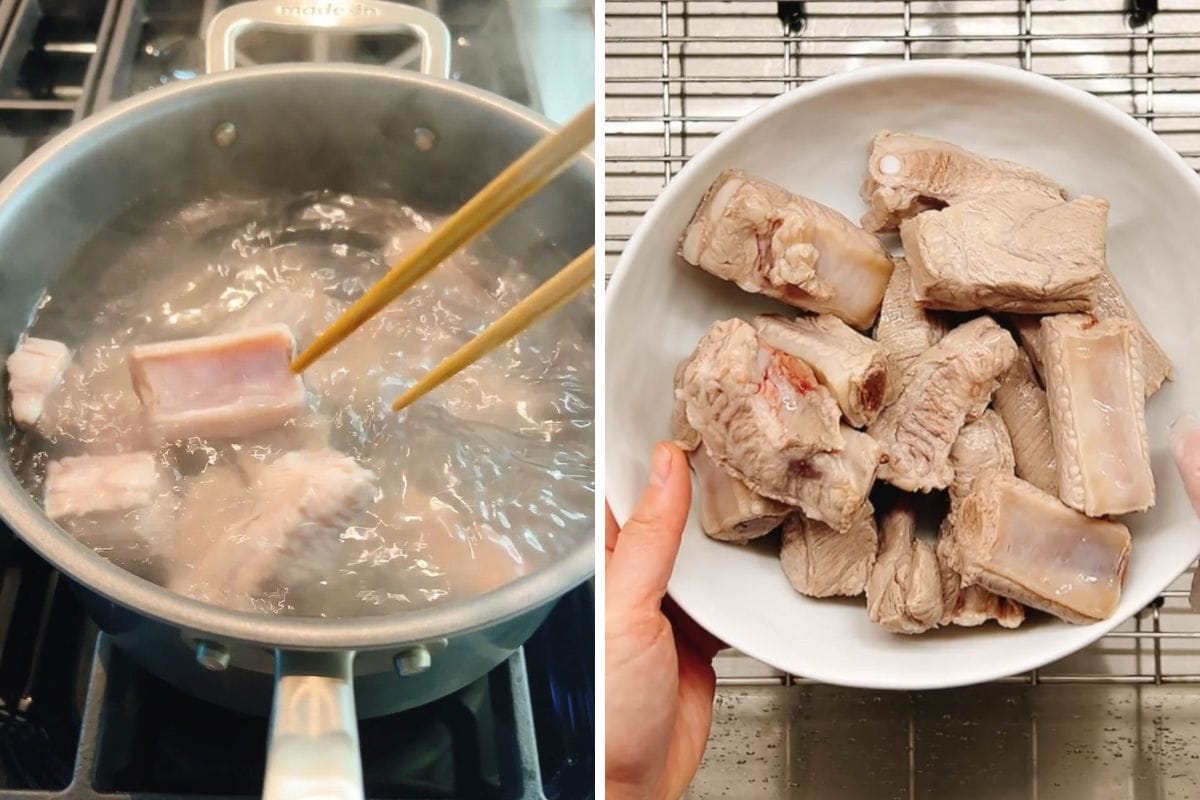Left: Chopsticks holding pork ribs in a boiling pot, preparing for a comforting pork ribs soup. Right: Hands holding a white bowl filled with blanched pork ribs on a wire rack, ready for the next step in making classic pork rib soup with daikon.