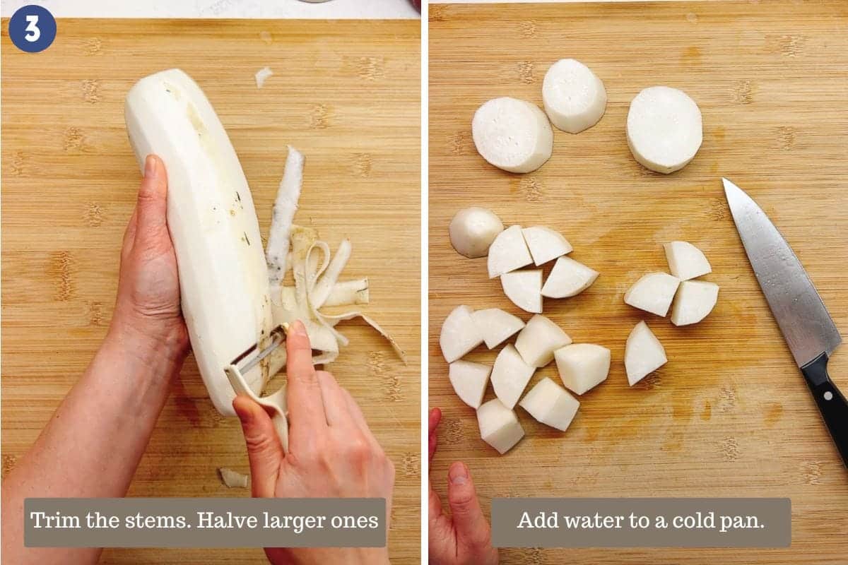 Person demos how to prepare and dice daikon for cooking use.