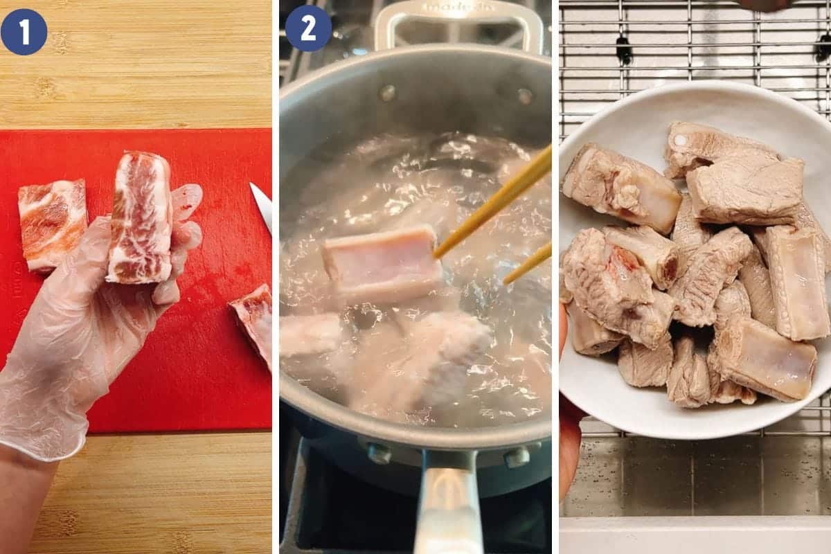 Person demos how to par-boil pork ribs before making the soup.