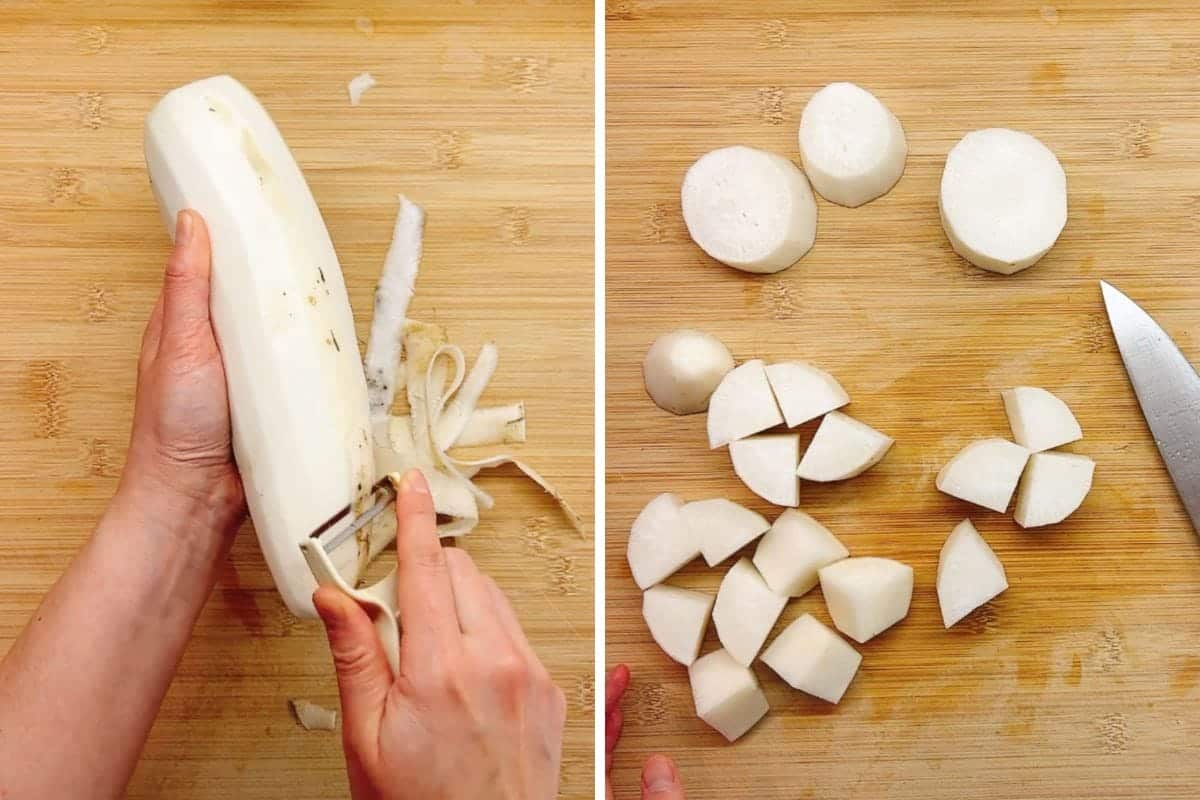 A hand peels a white daikon radish on the left. On the right, the peeled daikon is sliced into large chunks on a wooden cutting board with a knife nearby—perfectly prepared for adding to a comforting pork rib daikon soup.