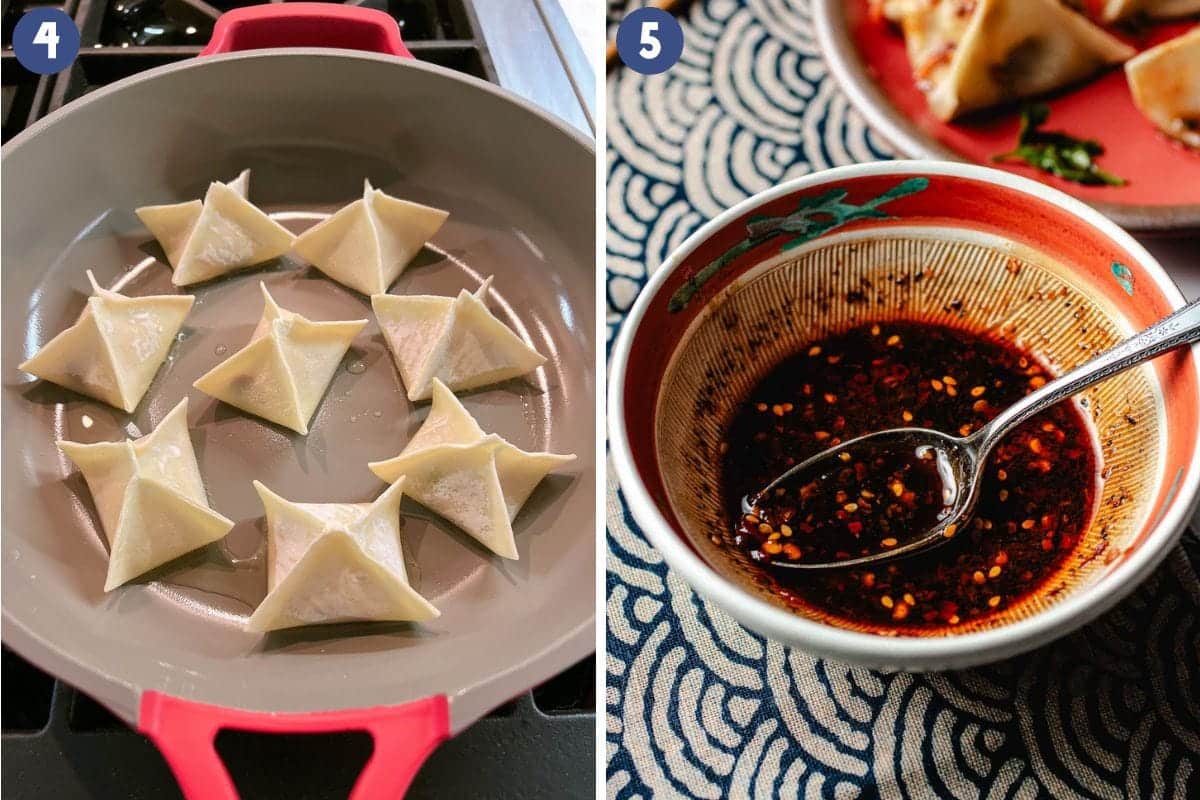 Person demos pan searing and steaming beef wontons and serve with wonton sauce.