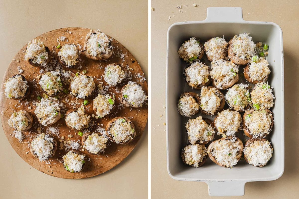Two images side by side: on the left, stuffed mushrooms with shrimp sprinkled with cheese and herbs on a wooden board; on the right, similar stuffed shrimp mushrooms arranged in a white baking dish, ready to be cooked.