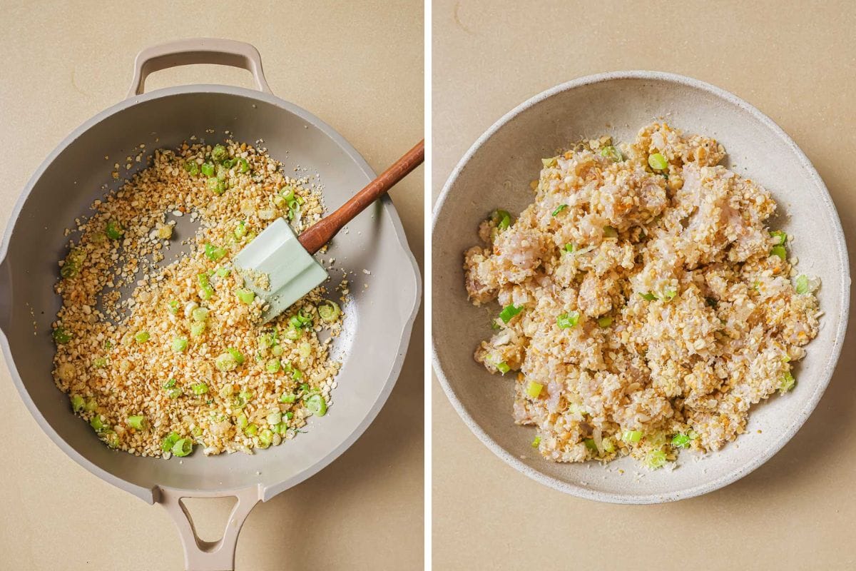 Two images side by side: on the left, a pan with sautéed aromatics with panko breadcrumbs and green onions—perfect as a shrimp stuffing for mushrooms; on the right, a bowl containing the shrimp stuffing mixture with panko and sauteed aromatics, ready to be packed into the mushrooms.
