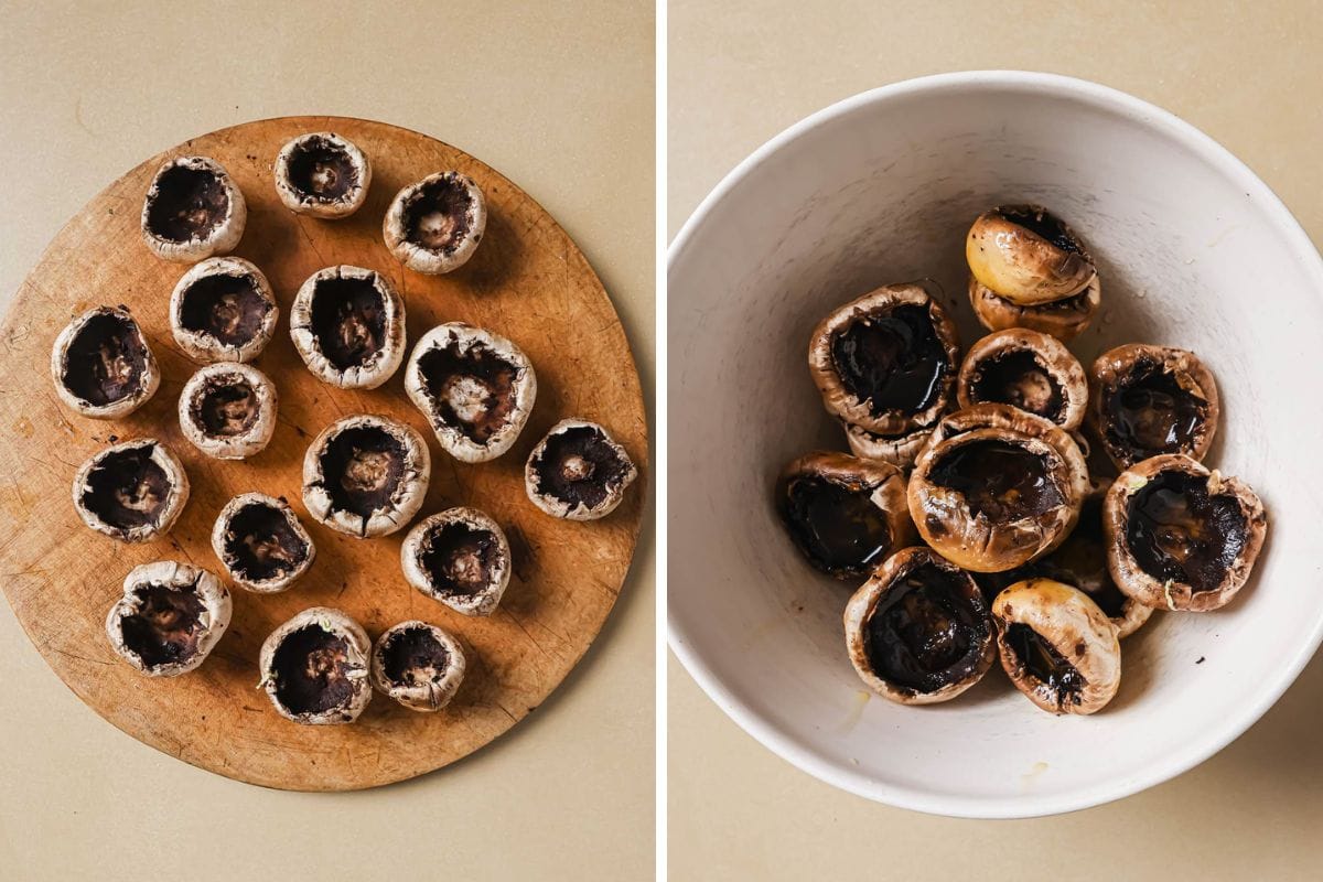Two images: on the left, mushroom caps ready for shrimp stuffing arranged on a wooden board; on the right, they're in a white bowl coated with a flavorful marinade.
