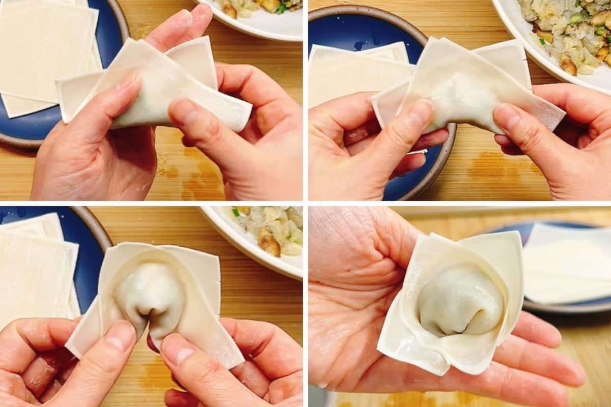 Person demos how to wrap a wonton dumpling into lotus shape.