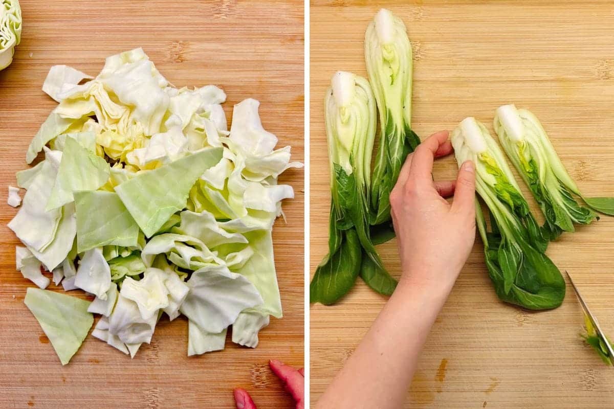 Split image: Left shows chopped cabbage pieces on a wooden cutting board; right shows a hand separating baby bok choy—perfect veggies prep for a flavorful ground pork and cabbage stir fry, with a knife partially visible at the edge.