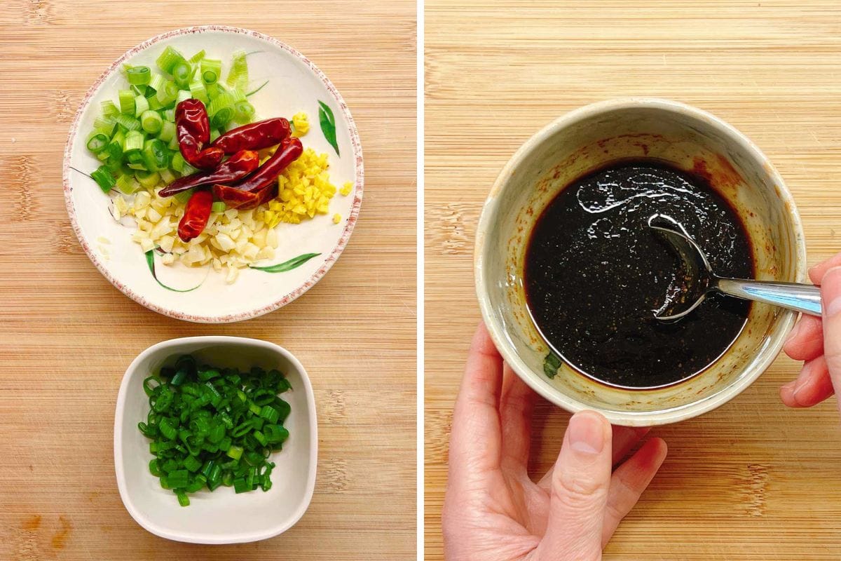 Two side-by-side images: on the left, a plate with chopped garlic, ginger, green onions, dried chilies—perfect prep for a ground pork stir fry; on the right, a hand holds a bowl of dark sauce for the ground pork with a spoon.
