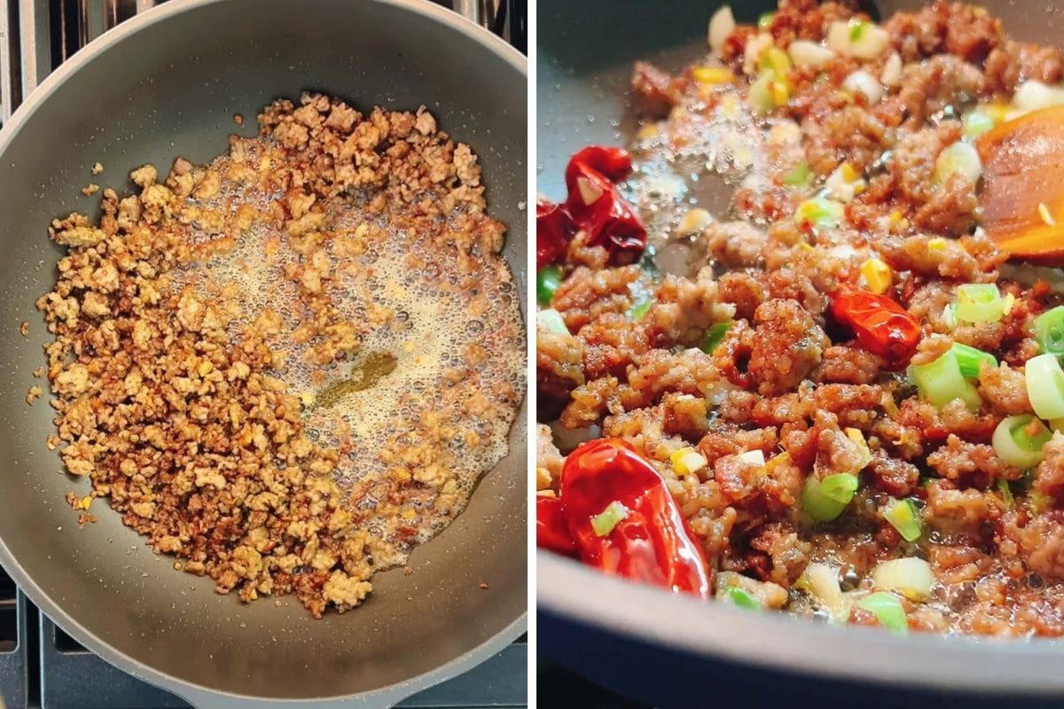 Two side-by-side images show ground pork cooking in a skillet. The left image highlights the meat browning, while the right shows it mixed with green onions and dried red chilies and garlic for a savory stir fry.