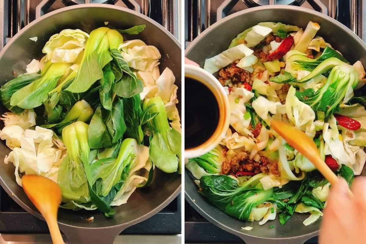Side-by-side images of a skillet on a stove: the left shows fresh bok choy and cabbage for a minced pork and cabbage stir fry, and the right shows cooked vegetables with sauce being stirred in with a wooden spoon.