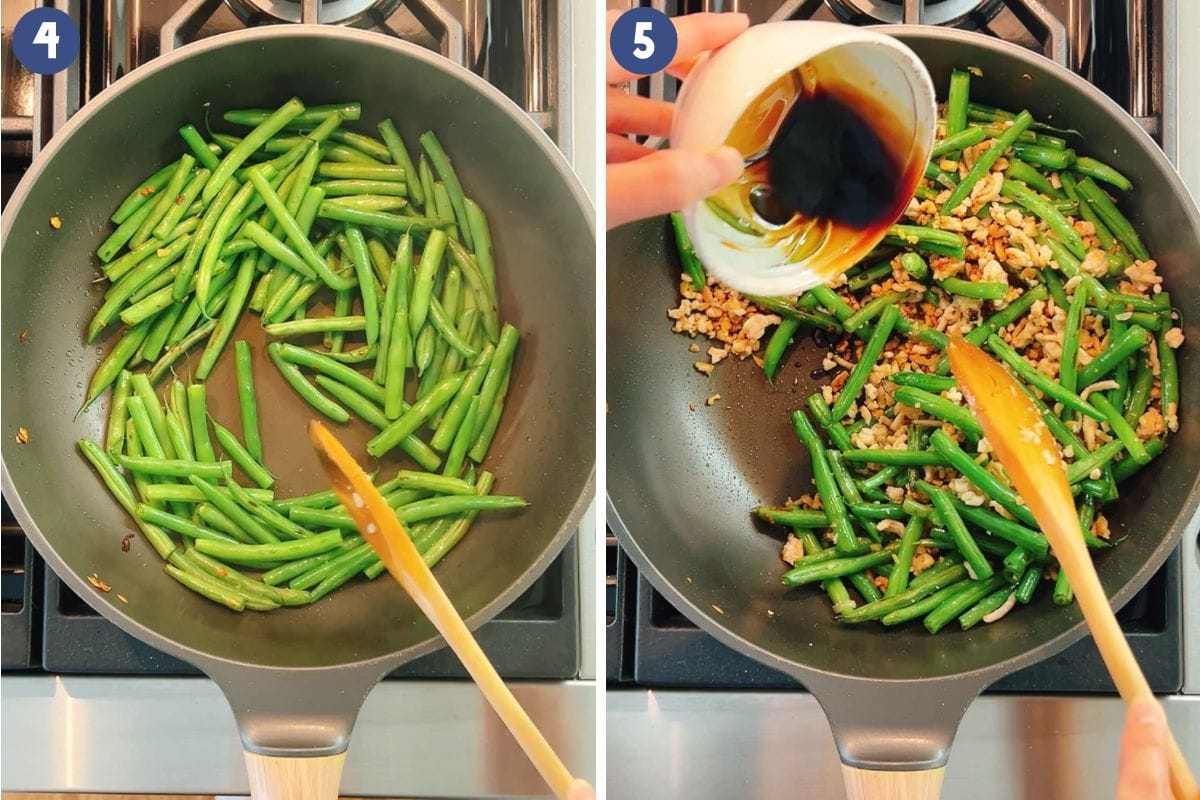 Person demos how to blistered Chinese green beans and combine with sauce in a wok pan.