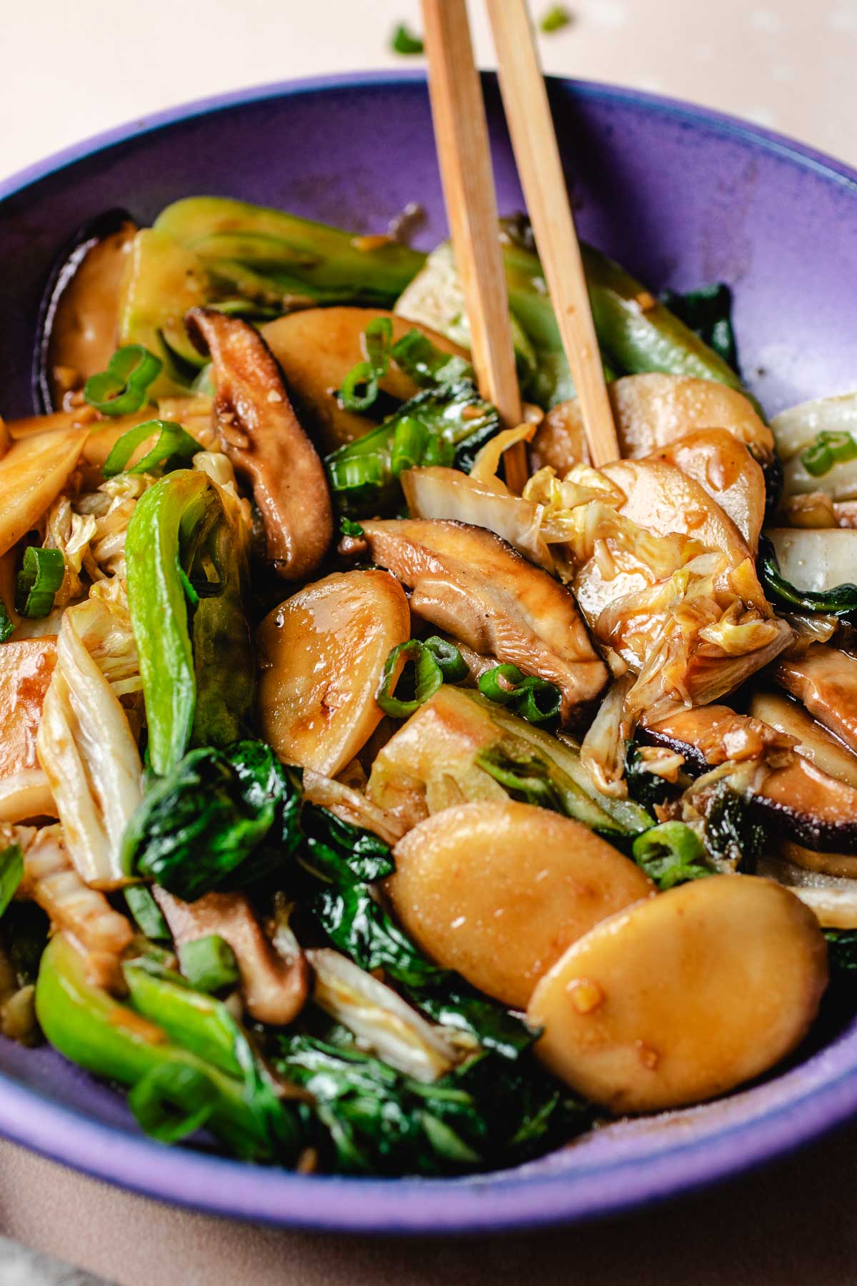 A side close shot features stir fried Shanghai rice cakes in a brown sauce with vegetables.