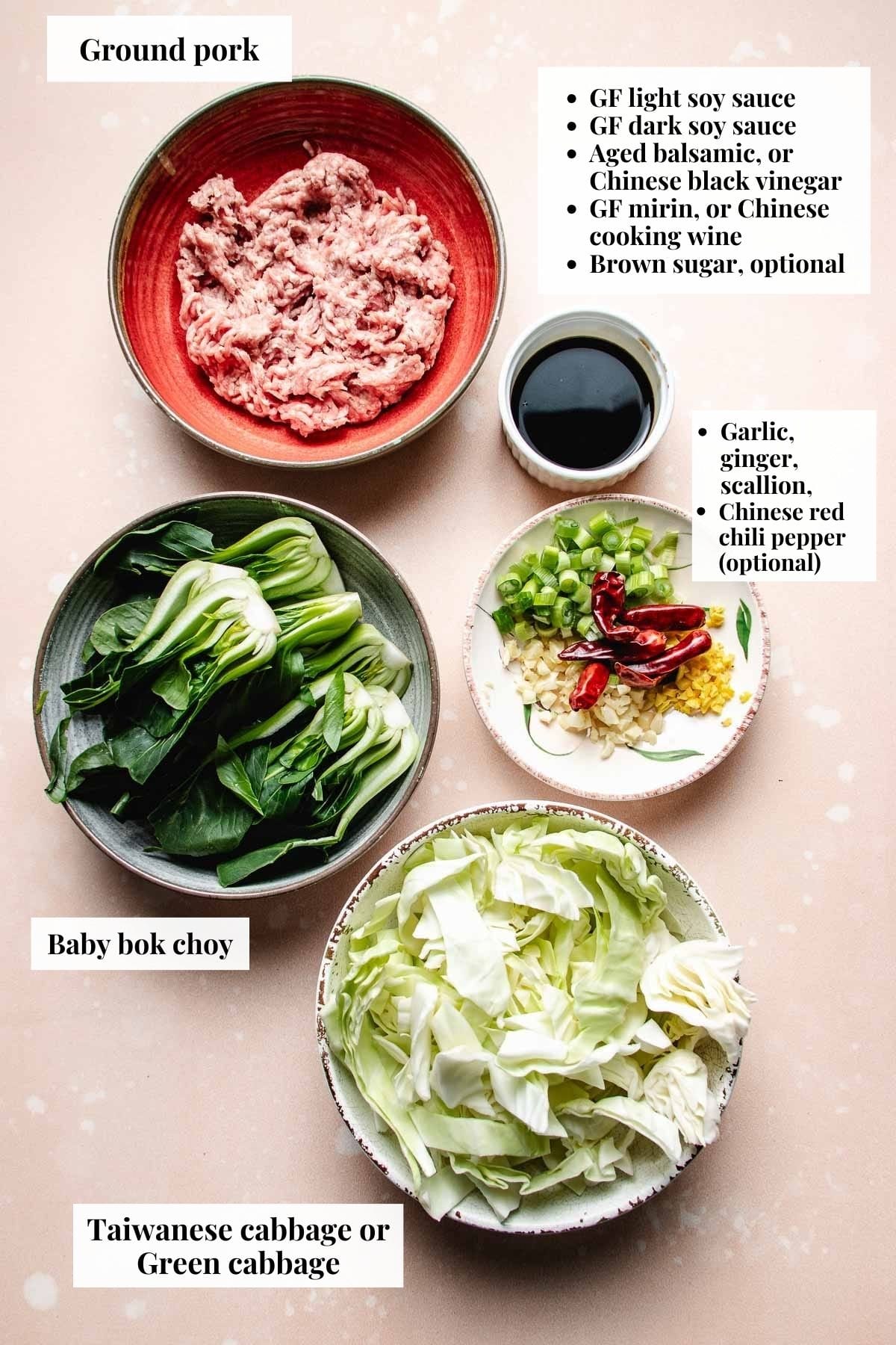 Photo shows ingredients used to make the pork cabbage stir fry dish.
