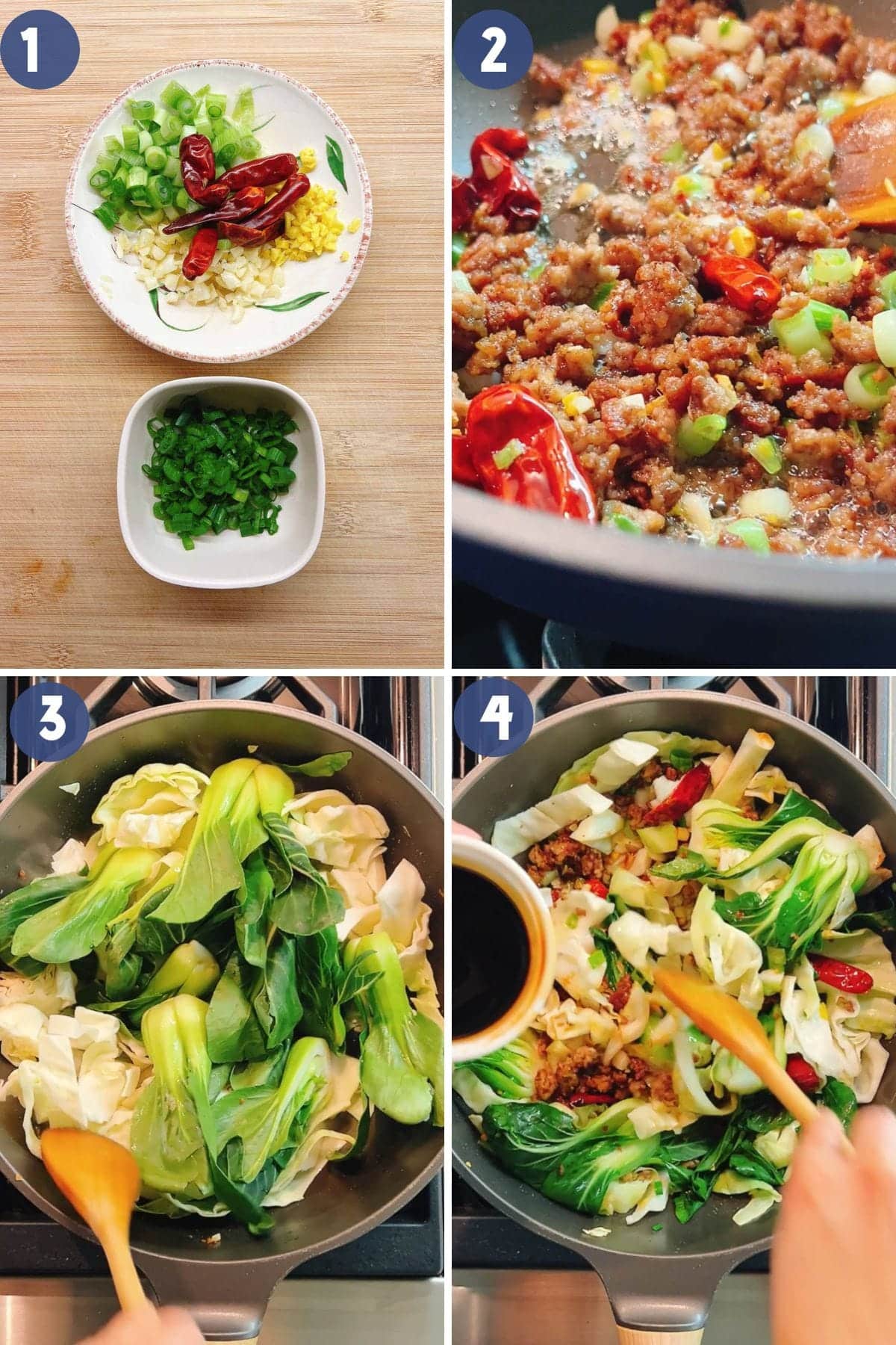 Person demos how to make ground pork stir fry with cabbage and bok choy.