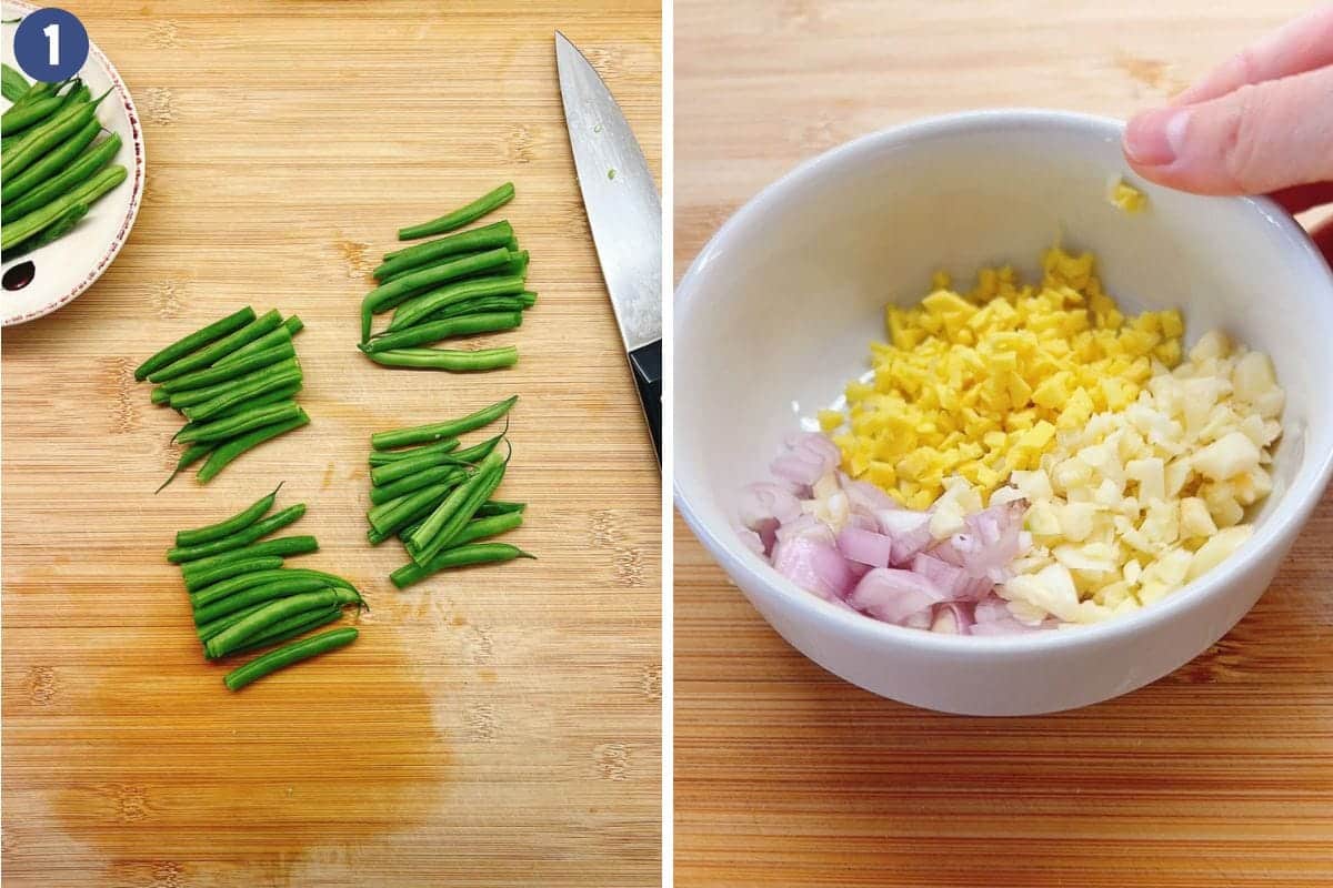 Person demos preparation work before cooking - dice the green beans and chop the aromatics.