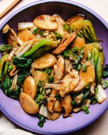 Image shows stir fried Shanghai rice cake with napa cabbage and bok choy in Asian brown sauce on a purple color plate.