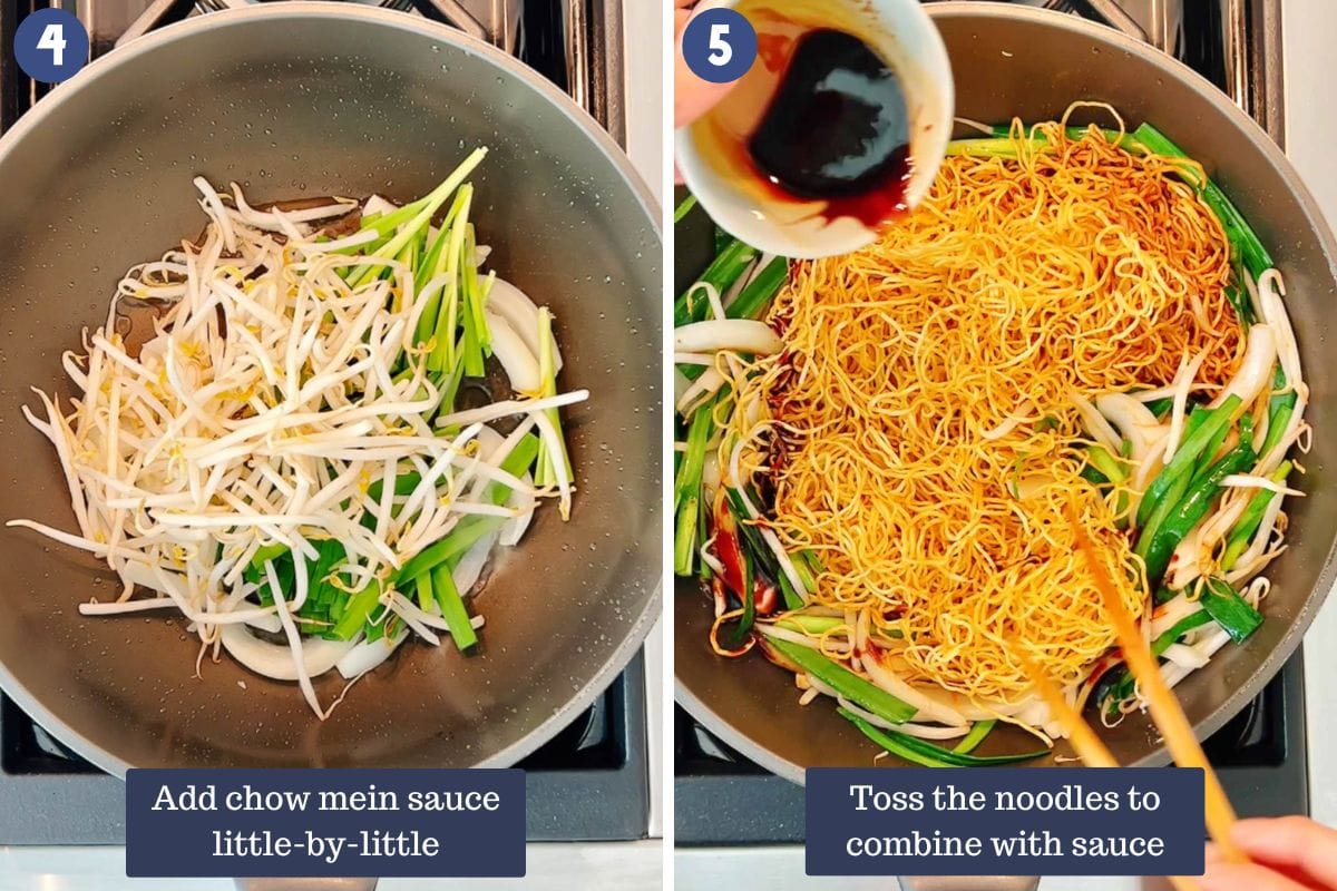 Person demos sauteing the onion, bean sprouts, and garlic chive then add the crispy noodles and toss with chow mein sauce.