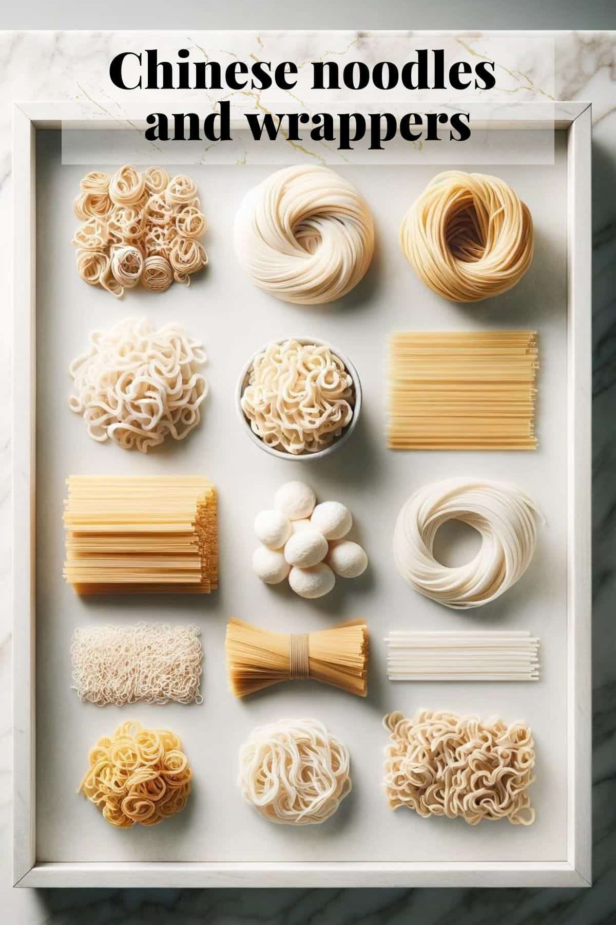 Image shows various types of chinese noodles before they are cooked and displayed on a white marble board.