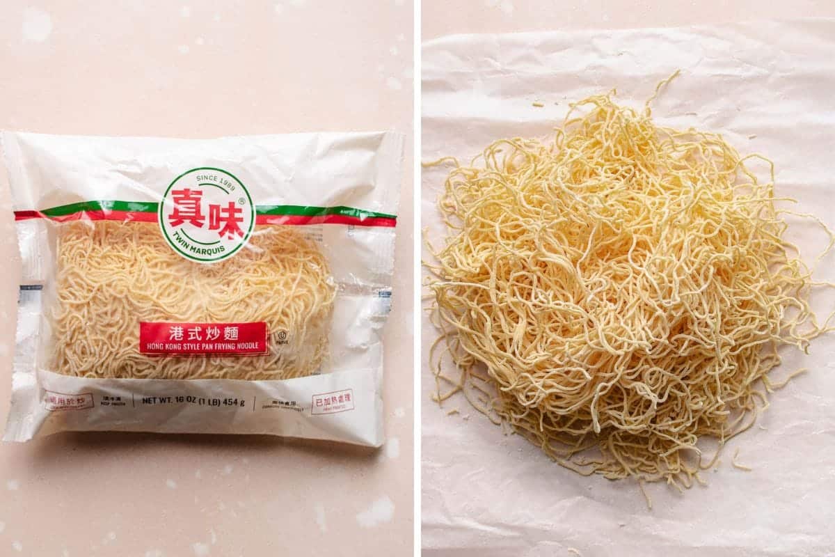 Photo shows how fresh unsteamed chow mein noodles look like.