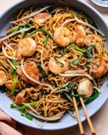 Image shows crispy chow mein noodles house special with chicken and shrimp served in a light blue color plate.