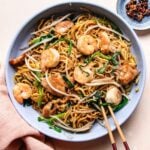 Recipe image for house special chow mein recipe with chicken and shrimp served in a big round blue color plate.