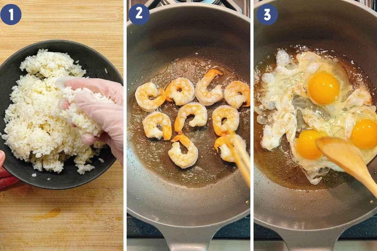 Person demos how to prepare sushi white rice, sear the shrimp, and scramble eggs just like how Din Tai Fung makes the dish.