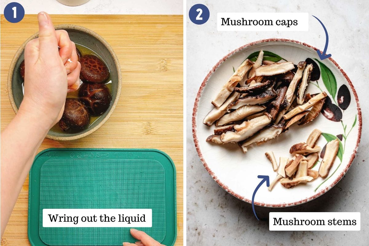 Photo shows what to do after rehydrate shiitake mushrooms and how to slice it for cooking.
