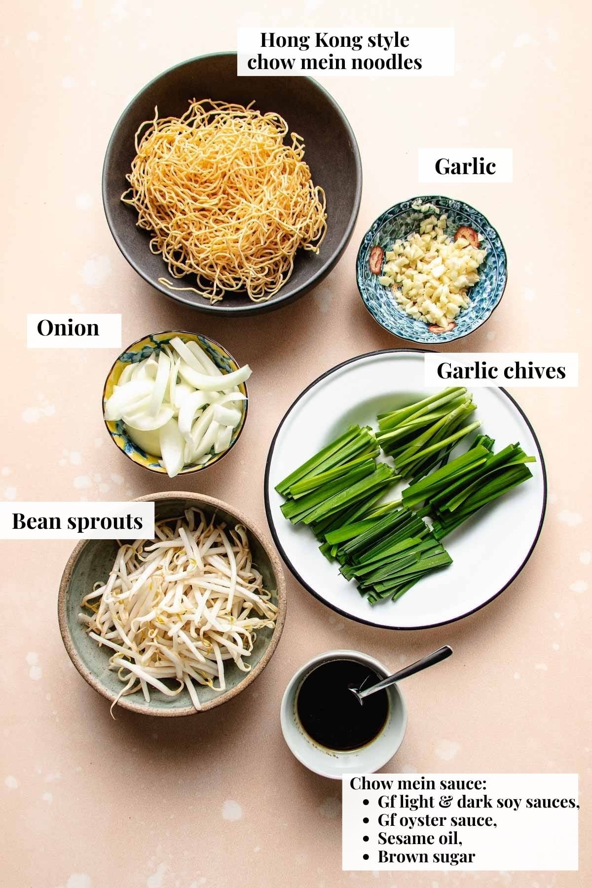 Photo shows ingredients used to make Cantonese noodles.