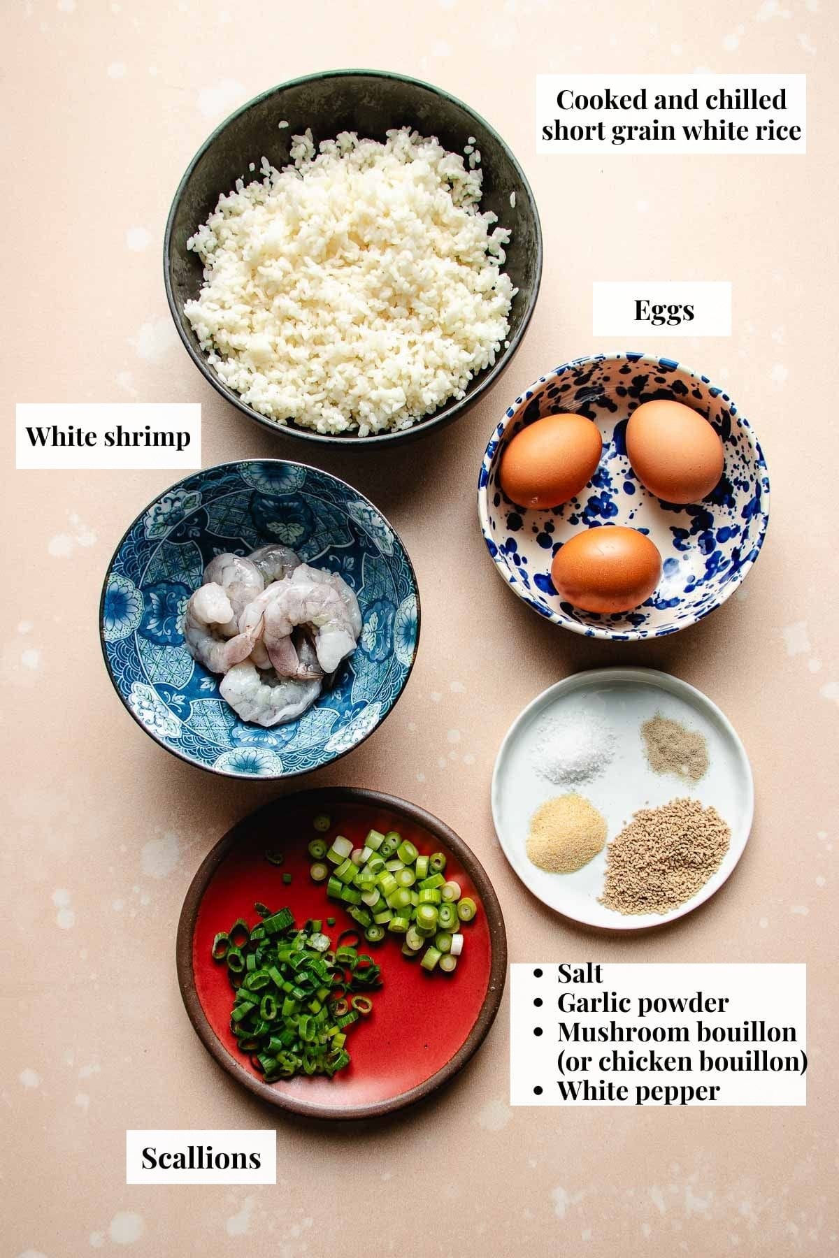 Photo shows ingredients and seasoning needed to make the Taiwanese style shrimp fried rice at home.