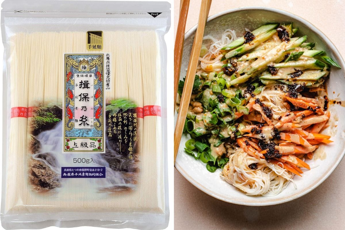 Image shows dry Somen noodles in a package and another image shows after the noodles are cooked.