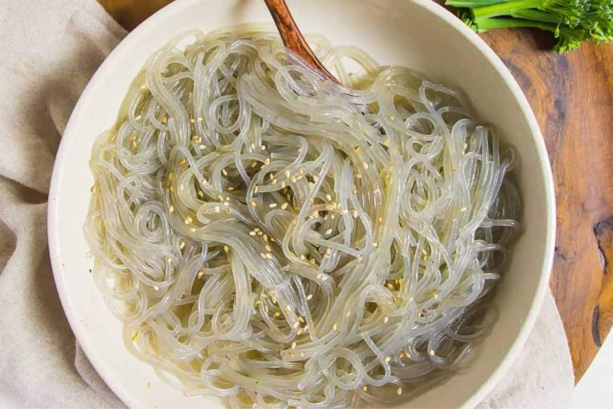 Image shows boiled Korean sweet potato starch noodles.