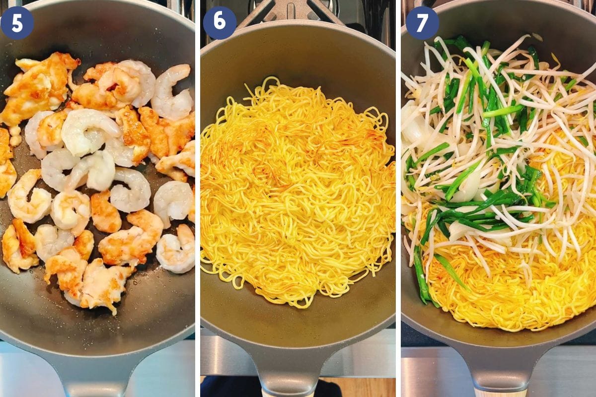 Person demos making house special chow mein with crispy noodles.