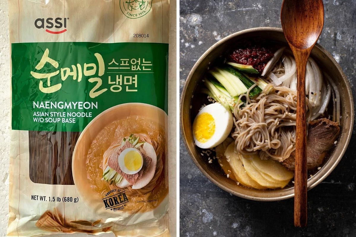 Image shows Korean Naengmyeon noodles before cooked in a package and how they look like after cooked.