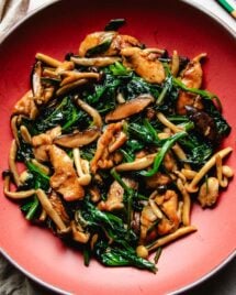 Image shows chicken breast stir fried with oyster sauce with shiitake and snow pea leaves in a red color plate.