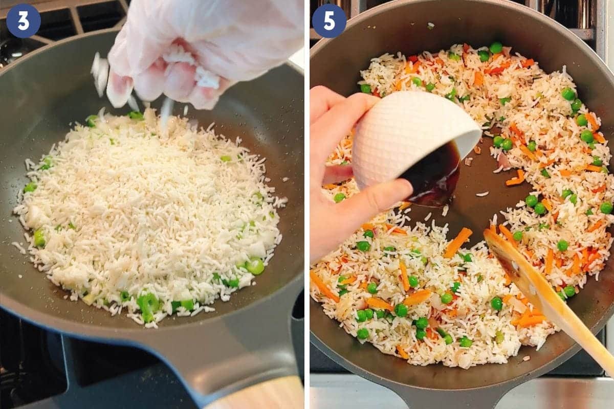 Person demos how to make fried rice at home and season the rice with Panda Express flavor.