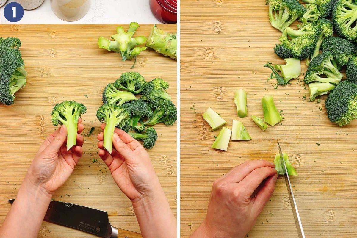 Person demos slicing and dicing broccoli florets and stems before cooking.