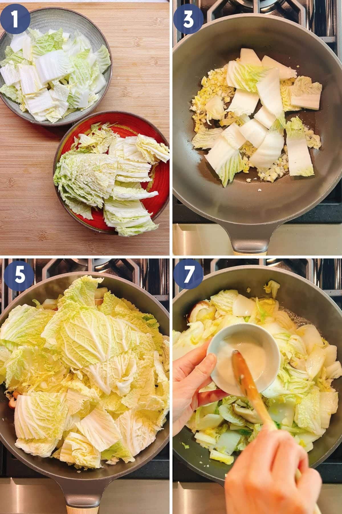 Person demos what to do and how to cook Napa cabbage with step-by-step photos.