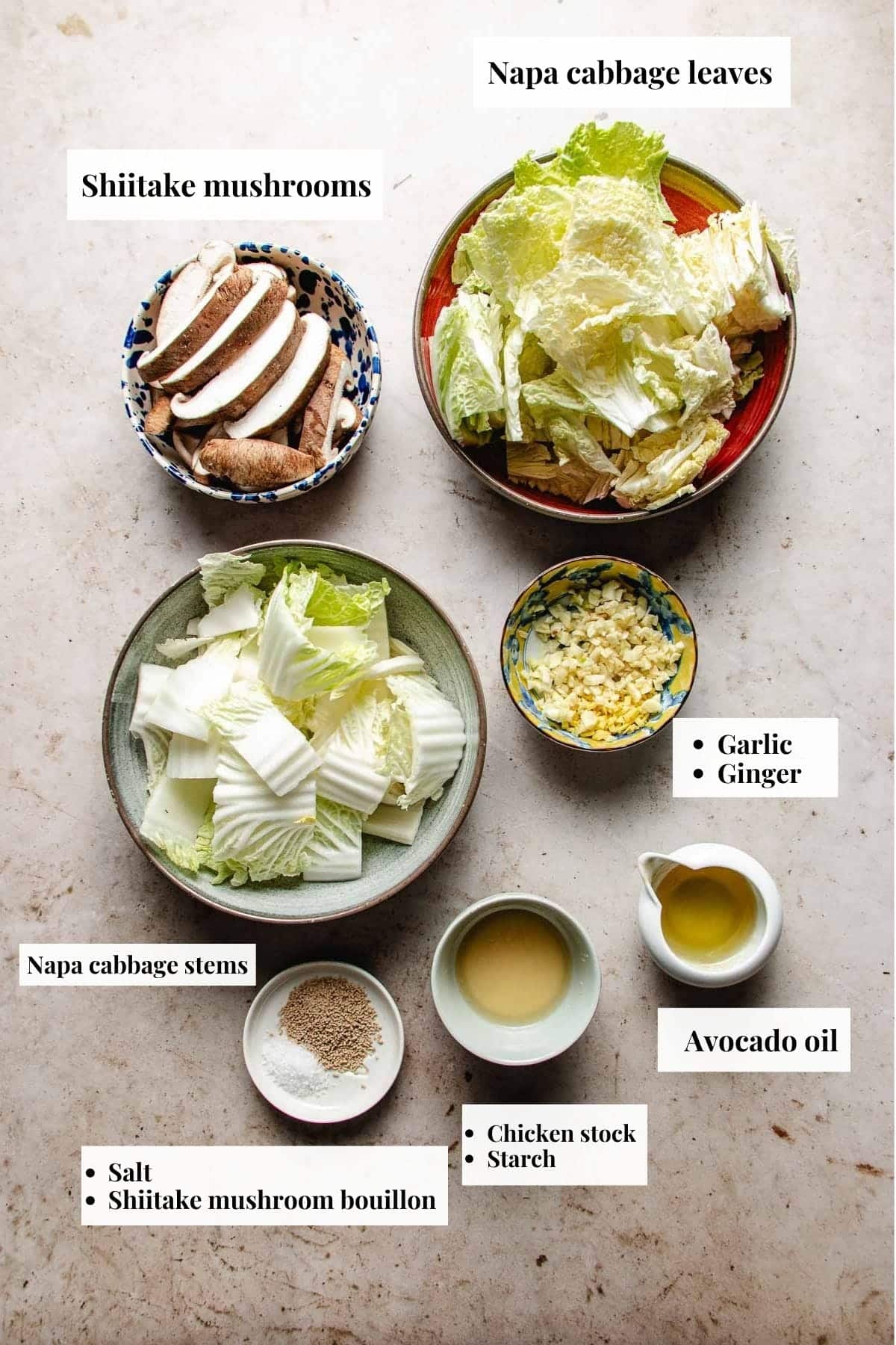 Image shows ingredients and seasonings used to saute Chinese cabbage dish.
