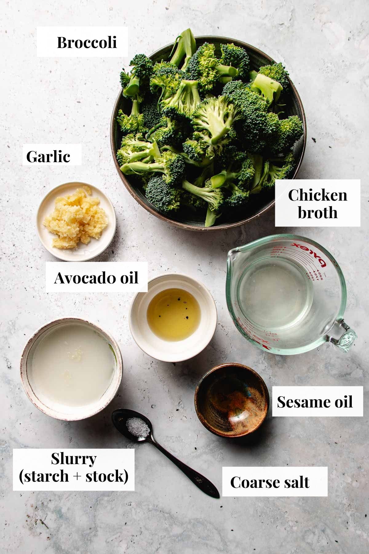 Photo shows ingredients needed to make broccoli in garlic sauce.