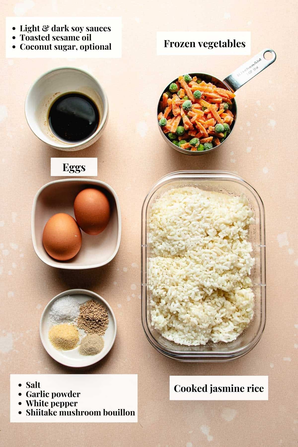 Photo shows ingredients needed to make Panda copycat fried rice dish.