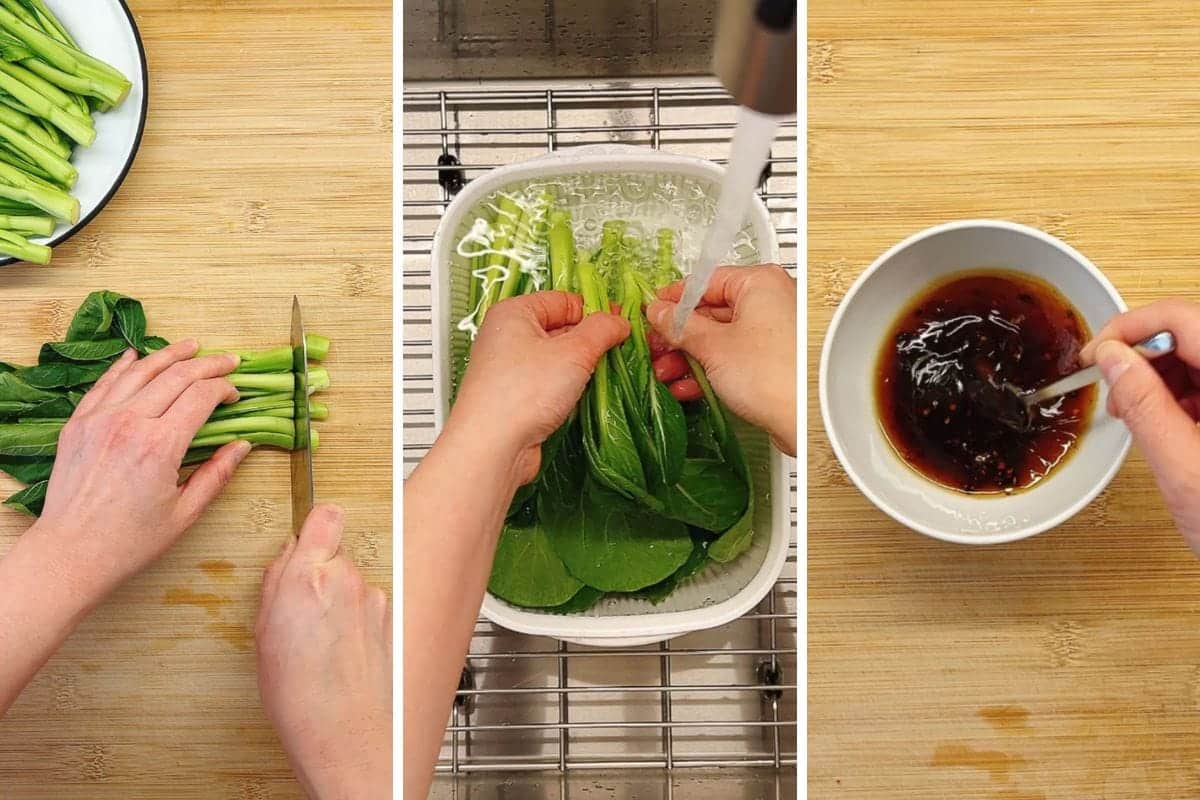Person demos how to prepare yu choy, how to wash it, and preparing garlic sauce.