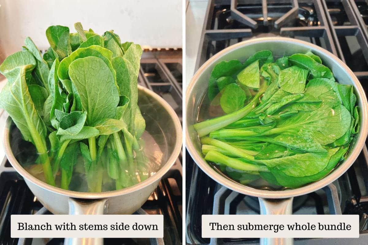 Person demos how to blanch yu choy correctly to tender crisp texture.