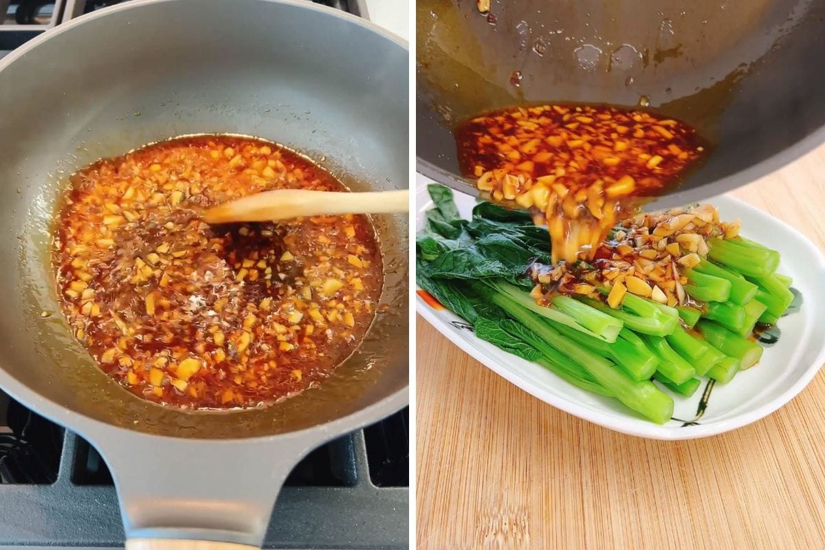 Person demos how to make garlic sauce dim sum style for yu choy sum.