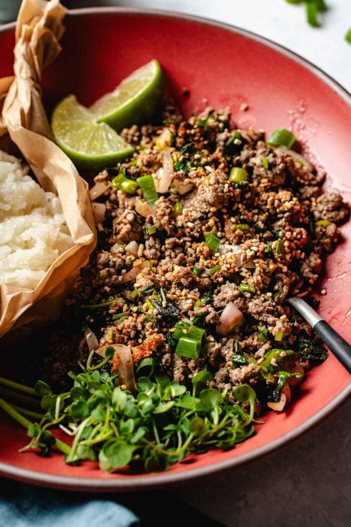 Image shows Thai beef larb cooked to perfectly seasoned with loads of herbs and lime juice. Served on a big red color plate with sticky rice.