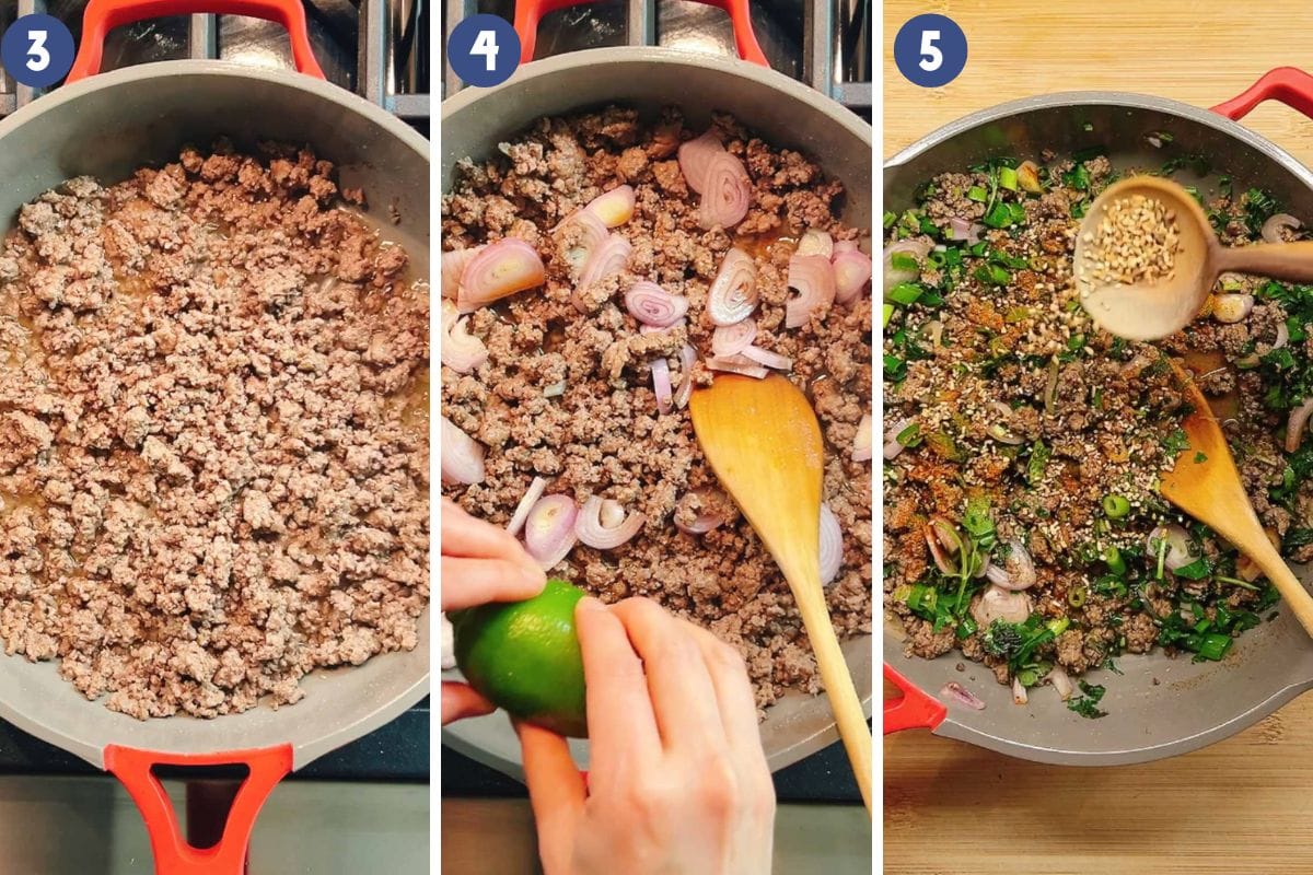 Person demos how to make authentic laotian beef larb salad with seasoning spices.