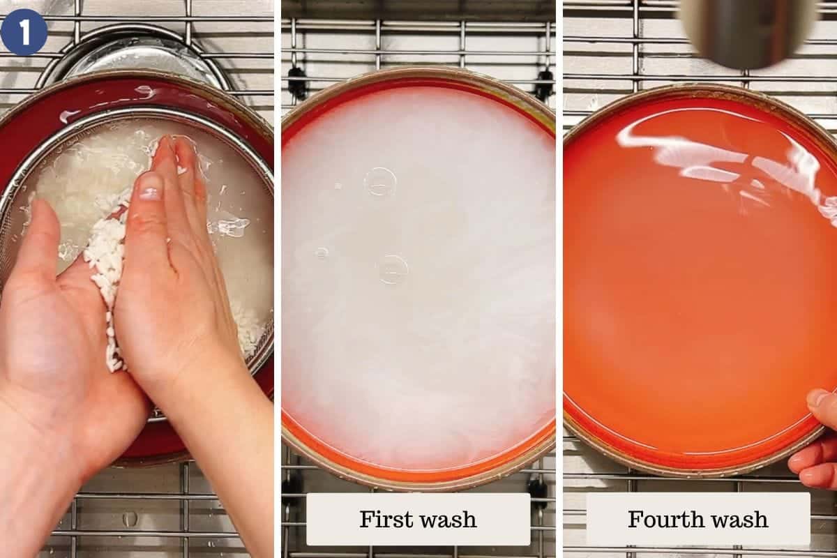 Person demos how to wash and clean rice before cooking.