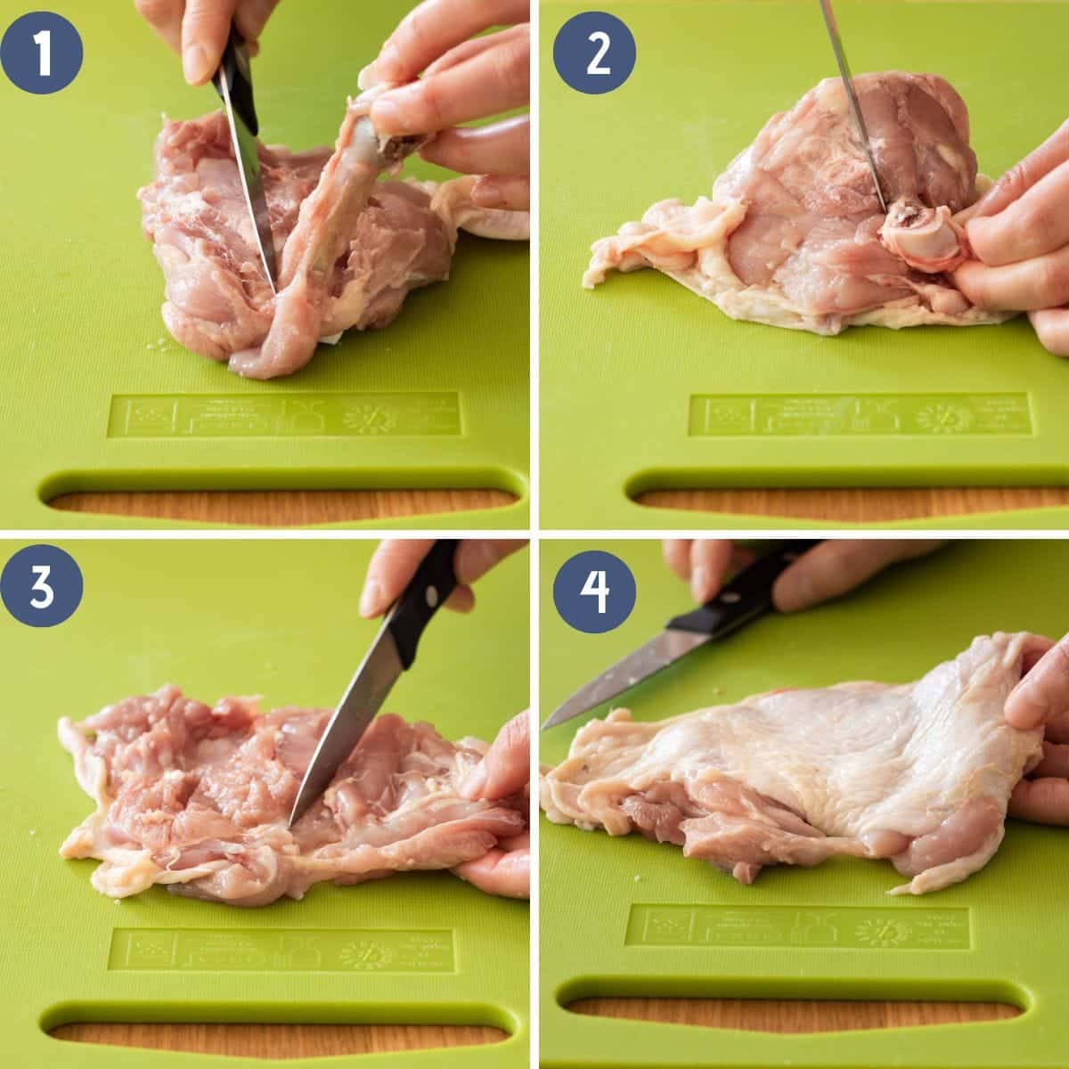 Person demos how to debone chicken thighs with a simple step-by-step photo. 