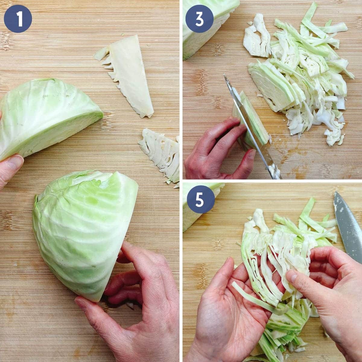 Person demos how to slice green cabbage for stir fry uses.