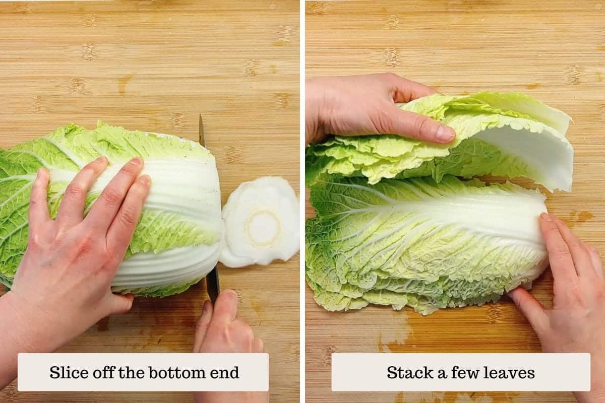 Person demos how to prepare and slice napa cabbage for salad use.